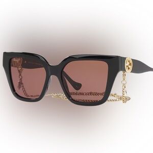 Gucci Black Square Sunglasses with Brown Lenses and Gold Chain Accent